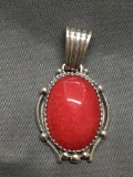 Oval 24x17mm Ruby Cabochon Center Detailed Signed Designer Sterling Silver Pendant