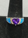 New! AAA Quality Blue Australian Opalite Inlay w/ CZ Accent & Heart Faceted Amethyst Center Sterling