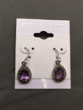 New! AAA Quality Dainty Non-Heated Faceted Amethyst Center w/ White Topaz Halo 1in Pair of Sterling