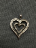 Two-Tier 17mm Tall 15mm Wide Sterling Silver Ribbon Heart Pendant w/ Round Faceted Diamond Accents