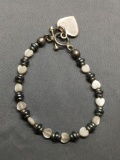 Alternating Heart Fashioned Mother of Pearl & Hematite w/ Sterling Silver Spacers & Engravable Heart