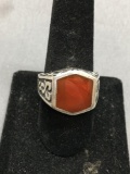 Hexagonal Shaped Carnelian Onyx Inlay Center Filigree Detailed Antique Finished Sterling Silver Ring