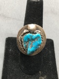 Rope Frame Detailed Rough Turquoise Center Old Pawn Mexico Sterling Silver Ring Band