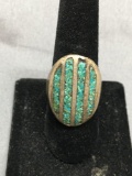 Four Rows Turquoise Inlaid Oval Shaped 27mm Long Signed Designer Sterling Silver Old Pawn Mexico