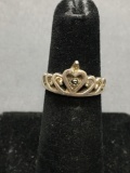 Round Faceted CZ Accented 10mm Wide Princess Heart Crown Motif Sterling Silver Signed Designer Ring