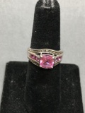 Cushion Faceted 6.5x6.5mm Pink Topaz Center w/ Princess Sides Detailed Sterling Silver Ring Band