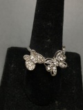 Marquise & Round Faceted CZ Featured Centers Twin Butterfly Themed Sterling Silver Ring Band