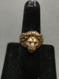 Detailed Lion's Head Themed 18mm Wide Gold-Tone Sterling Silver Ring Band w/ Round CZ Eyes