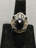 Rectangular Checkerboard Faceted 14x10mm Onyx Center Floral Filigree Detailed 22mm Wide Sterling