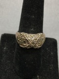 Round & Princess Faceted Marcasite Accented Braided Detailed 10mm Wide Sterling Silver Ring Band