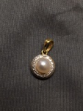 Round 5mm White Pearl Center Single Diamond Accented Halo Two-Tone Sterling Silver Pendant