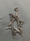 Rustic Textured Design Elongated 55mm Long 30mm Wide Six Point Star Sterling Silver Pendant