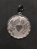 Round 25mm Diameter High Polished & Textured My Heart is Yours Motif Sterling Silver Medallion