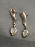 Modern Design High Polished & Brush Finished 40mm Long Pair of Sterling Silver Dangle Chain w/ Pear