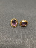 Rope Frame Detailed Oval Faceted 7x5mm Amethyst Center 12Kt Gold-Filled Signed Designer Pair of Stud