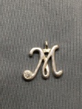Initial M 13mm Tall 15mm Wide Sterling Silver Monogram Pendant w/ Round Faceted CZ Accent