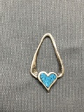 Rustic Design Turquoise Inlaid Heart 23mm Long 13mm Wide Sterling Silver Pendant