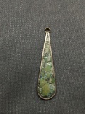 Broken Edge Turquoise Inlaid Teardrop Shaped 30mm Long 8mm Wide Sterling Silver Pendant