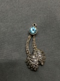 Vintage Filigree Detailed Twin Leaf Design 30mm Long 15mm Wide Sterling Silver Pendant w/ Round