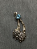 Vintage Filigree Detailed Twin Leaf Design 30mm Long 15mm Wide Sterling Silver Pendant w/ Round