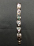 Taxco Designer Mexican Made Abalone Inlaid Tapered Link Design 20mm Wide 8in Long Sterling Silver
