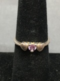 Round Faceted 3.0mm Amethyst Center w/ Twin Heart Detail Petite Sterling Silver Promise Ring Band