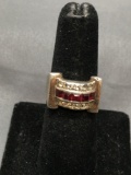 Princess Faceted Created Ruby Center Row w/ Round CZ Accents 12mm Wide Sterling Silver Ring Band