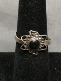 Old Pawn Mexico Style Flower Design 12mm Wide Sterling Silver Ring Band w/ Round 6mm Onyx Cabochon