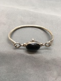 Oval 18x13mm Onyx Cabochon Center 3in Diameter Solid Shepard's Hook Sterling Silver Bangle Bracelet