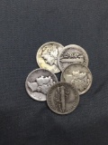 5 Count Lot of United States Mercury Silver Dimes from Awesome Collection - 90% Silver