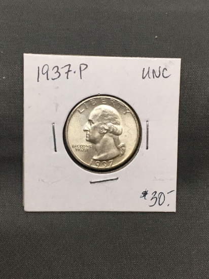 1937-P United States Washington Silver Quarter - 90% Silver Coin from ENORMOUS ESTATE