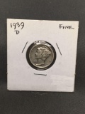 1939-D United States Mercury Silver Dime - 90% Silver Coin from ENORMOUS ESTATE