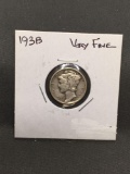 1938 United States Mercury Silver Dime - 90% Silver Coin from ENORMOUS ESTATE