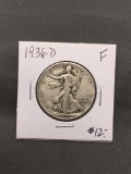 1936-D United States Walking Liberty Silver Half Dollar - 90% Silver Coin from ENORMOUS ESTATE