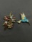 Lot of Two Signer Designer Fashion Gold-Tone Brooches, One Hummingbird and One Rhinestone Studded