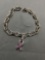 Unique Cable Link 8mm Wide 8in Long Sterling Silver Bracelet w/ Round Black Gem Accents & Pink