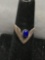 Oval 6x4 mm Lapis Cabochon Center Sterling Silver Chevron Ring Band