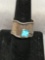 Handmade Scallop Edged 15mm Wide Rustic Sterling Silver Cigar Ring Band w/ Square 6mm Opal Cabochon