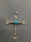 Handmade Engraving Detailed 30mm Long 22mm Wide Sterling Silver Cross Pendant w/ Round 3mm Turquoise