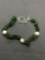 Tumbled Green Gemstone Beaded 7in Long Bracelet w/ Three Baroque Pearl Stations & Sterling Silver