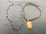 Lot of Two Brown Gemstone Beaded 20in Long Necklaces, One w/ Jasper Beads and One w/ Tiger's Eye
