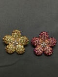 Lot of Two Matched Nolan Miller Designer 33mm Wide Colored Rhinestone Encrusted Gold-Tone Five Petal