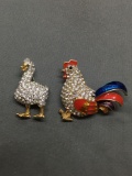 Lot of Two Rhinestone Encrusted Brooches, One Rooster and One Goose