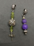 Lot of Two Gemstone & Silver-Tone Alloy Beaded Drop Pendants, One w/ Carved Lavender Jade & One w/