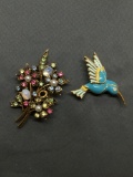 Lot of Two Signer Designer Fashion Gold-Tone Brooches, One Hummingbird and One Rhinestone Studded