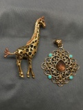 Lot of Two Larger Gold-Tone Fashion Brooches, One Tall Enameled Giraffe & One Barse Designer