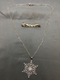 Lot of Two Silver-Tone Fashion Jewelry, One 26in Long Necklace w/ Large Rhinestone Encrusted
