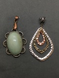 Lot of Two Larger Fashion Pendants, One Triple Tone in Color and One w/ Green Cabochon Center