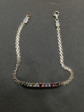 Multi-Colored Rhinestone Featured 3mm Wide 8in Long Sterling Silver Mother's Motif Bracelet