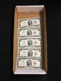 5 Count Lot of United States $2 Jefferson Red Seal STAR NOTES with Consecutive Serial Numbers